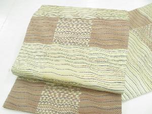 リサイクル　袋帯　金属糸　西陣織　草木染　市松に曲線文　長尺